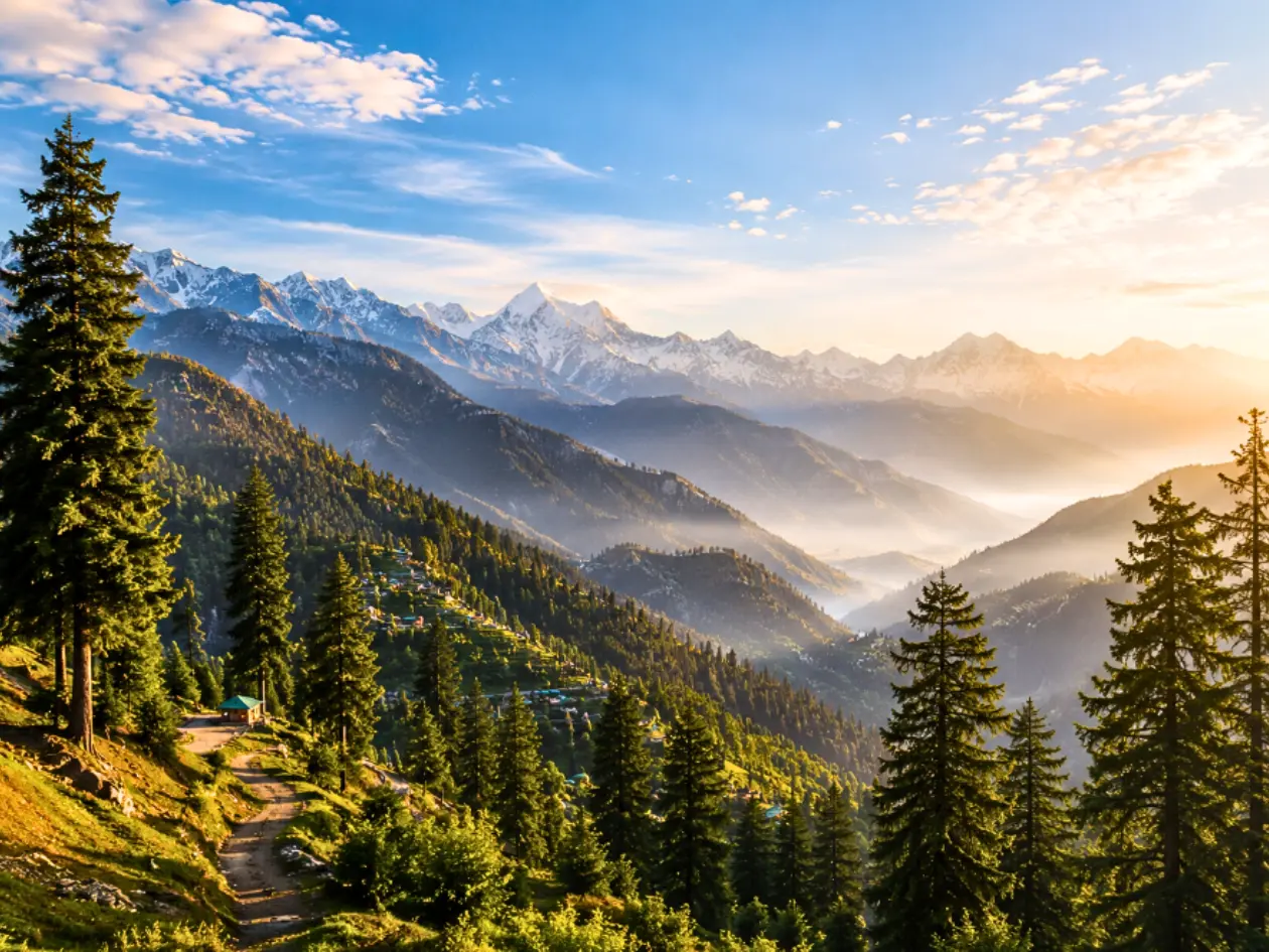 Pine-forested mountain trail in Himachal Pradesh