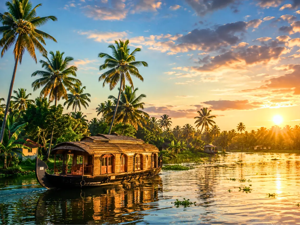 Palm-lined backwater canal at golden hour in Kerala