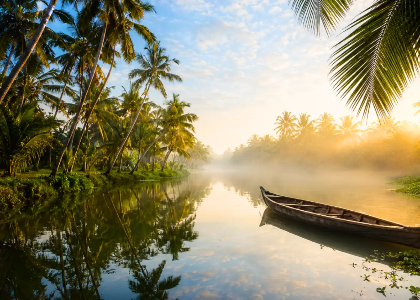 Palm-fringed backwater canal in Kerala