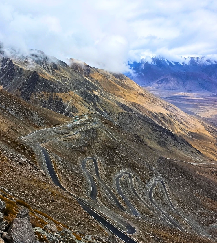 Aerial view of mountain switchbacks at Khardung La, Ladakh