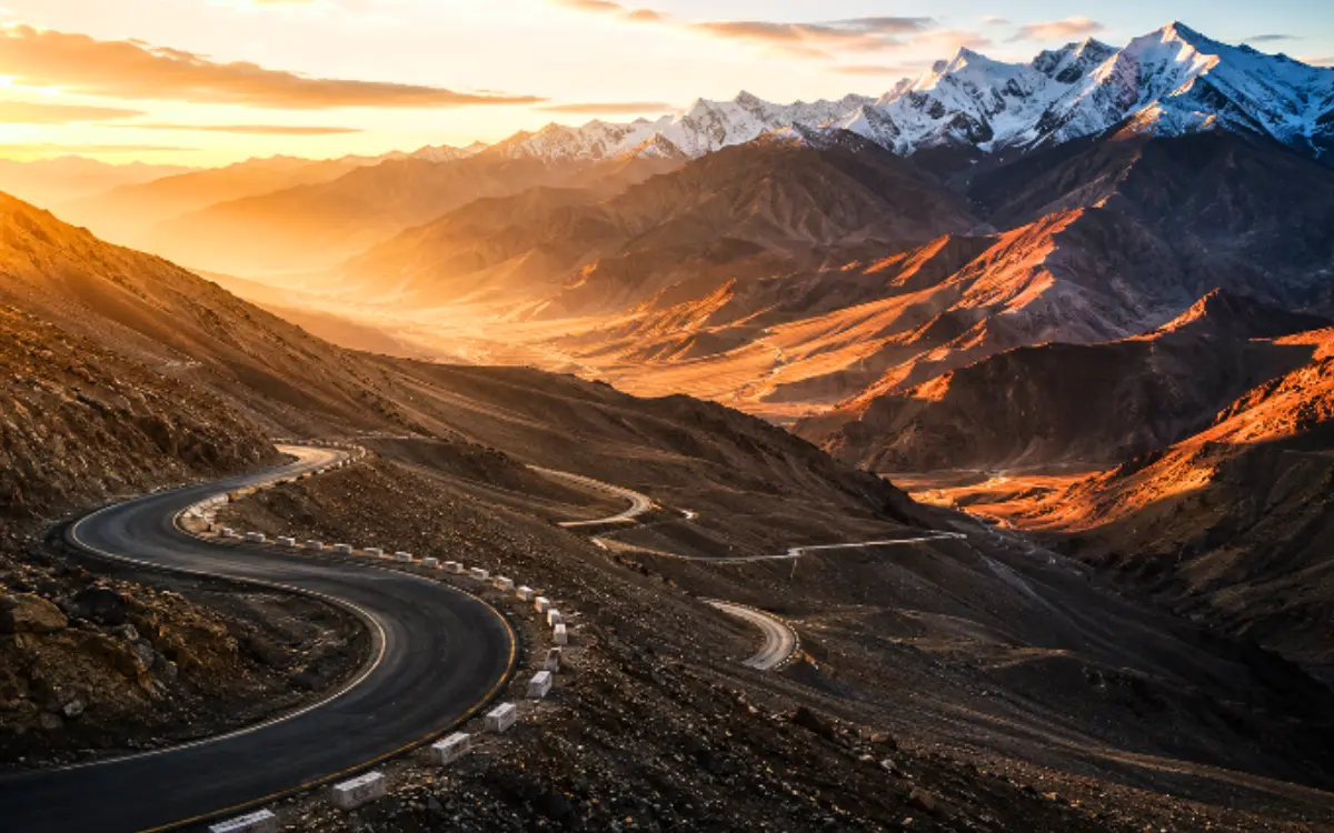 Winding mountain road over a high pass in Ladakh