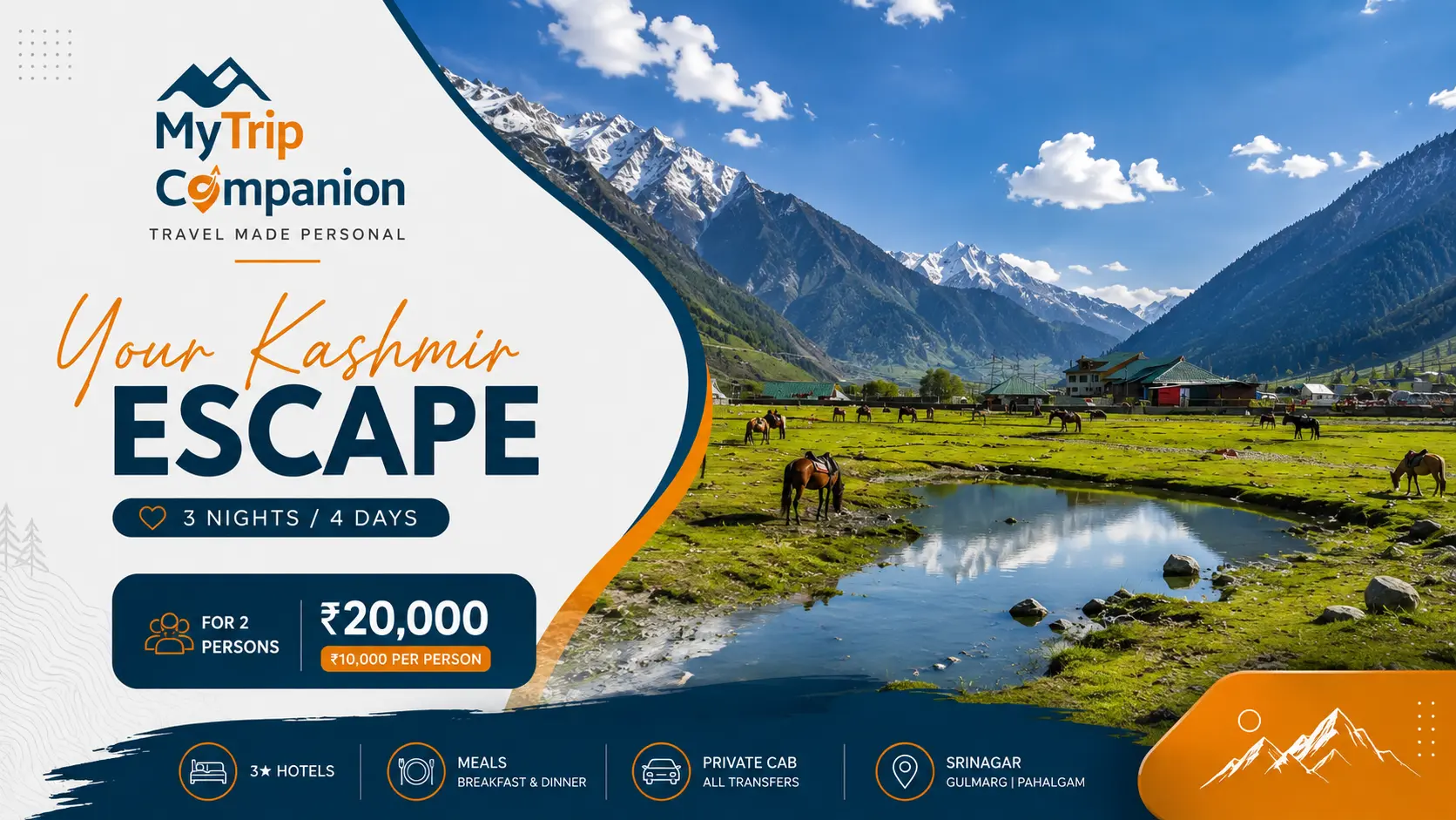 Kashmir tour package for 2 at ₹20,000 covering Srinagar, Gulmarg and Pahalgam for 3 nights and 4 days