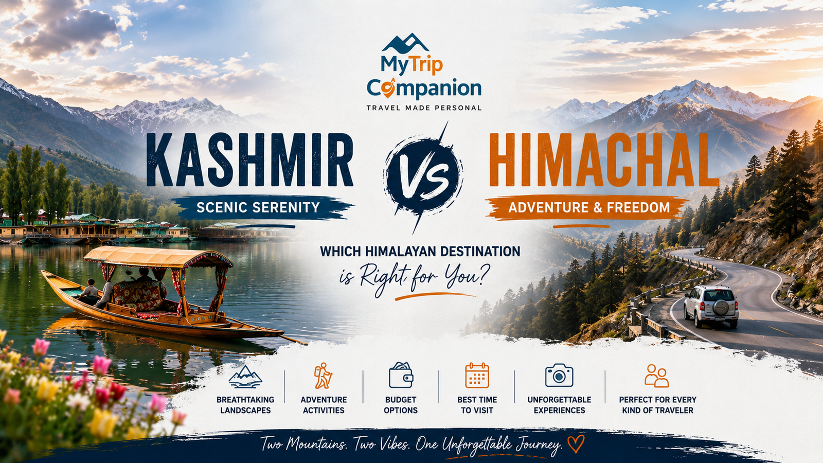 Kashmir vs Himachal Pradesh travel comparison showing scenic landscapes, adventure and travel experiences