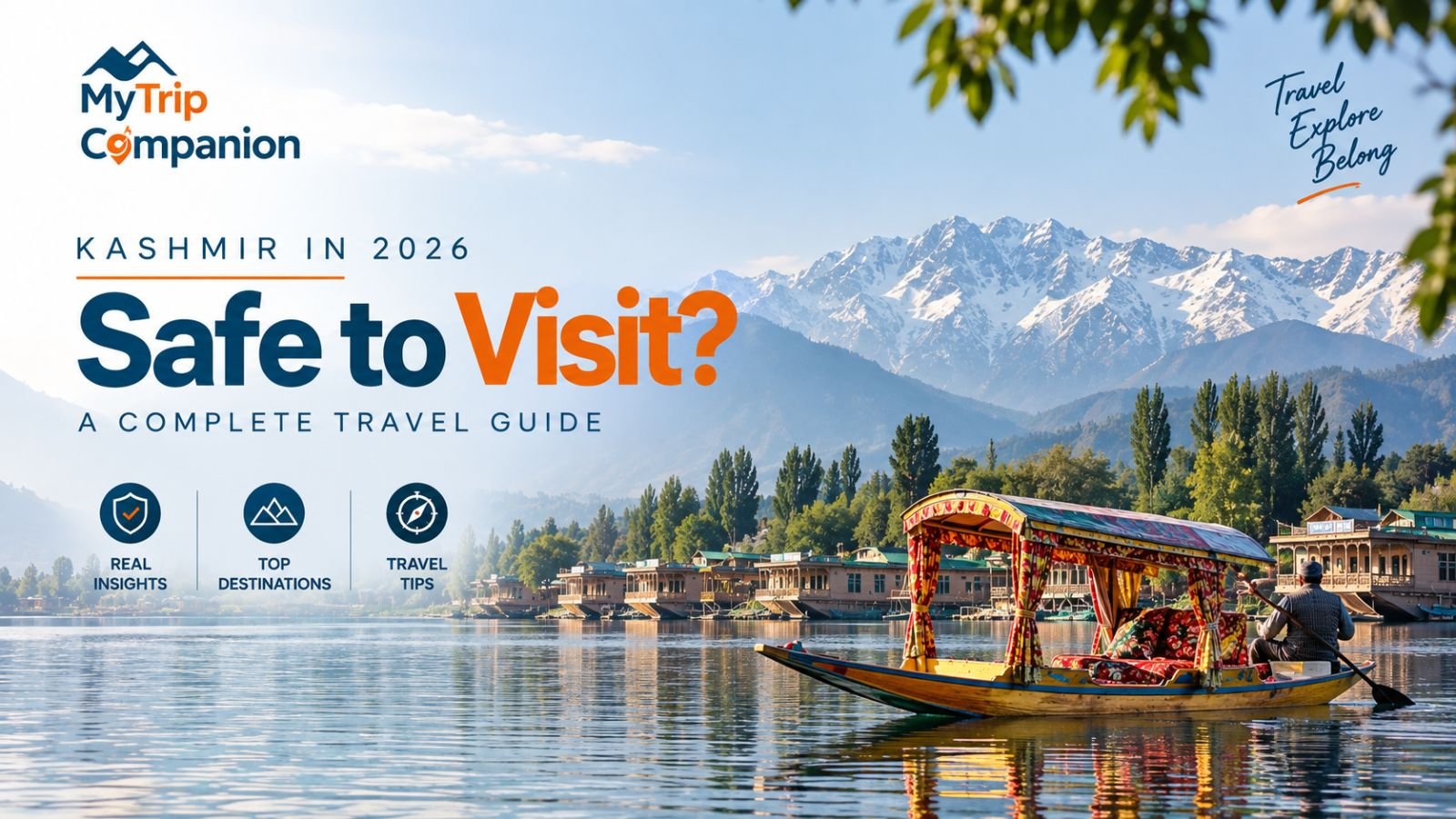 Scenic Kashmir with a shikara on Dal Lake and snow-capped mountains